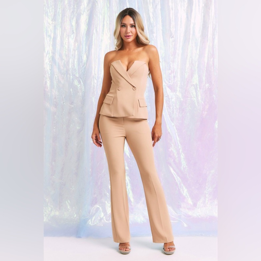 22. Woven Tailored Tube Top and Pant Set in Beige